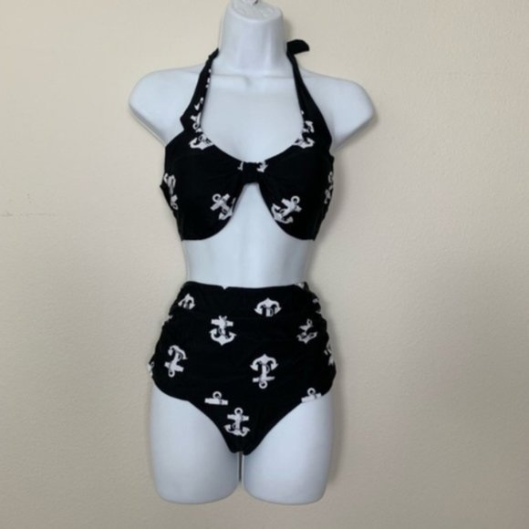 5⭐️ Retro High Waist Anchor Halter Swimsuit Black - Picture 6 of 10